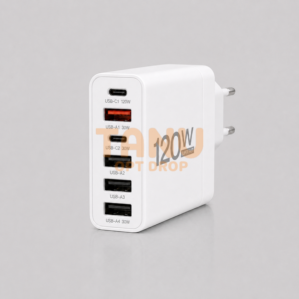 Зарядний пристрій GaN 120W на 6 портів (2 USB-C + 4 USB-A), швидка зарядка PD/QC, Білий 26X186(509/5083) 11k06p498v2 фото