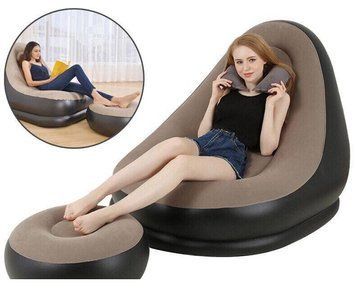 Надувной диван кровать AIR SOFA + насос Надувное велюровое кресло с пуфиком Коричневый 01k04p014v4 фото