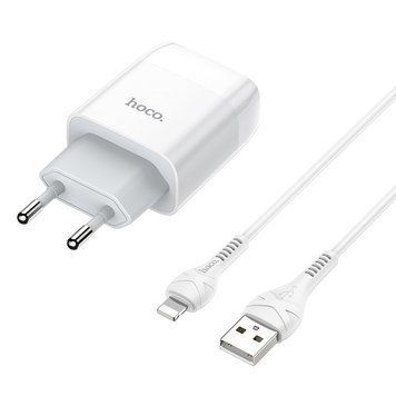 Зарядний адаптер HOCO C73A EU штекер два USB порти та набір з кабелем Lightning 206 11k06p118 фото