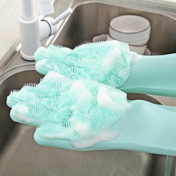 Силиконовые перчатки для мытья и чистки Magic Silicone Gloves с ворсом Мятные 01k02p057v4 фото