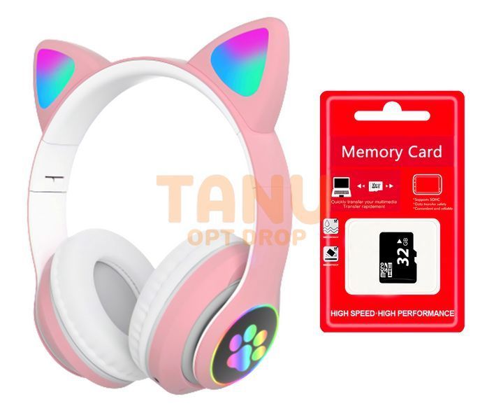Бездротові дитячі TWS bluetooth навушники з котячими вушками Cat VIV-23M Рожеві + SD карта пам'яті 32 gb 11k01p111 фото