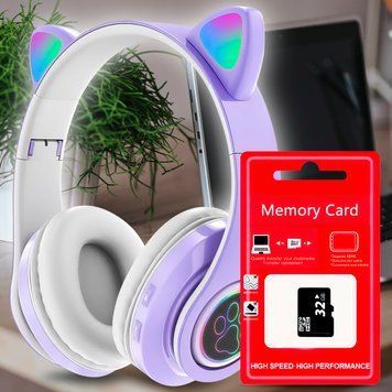 Бездротові дитячі TWS bluetooth навушники з котячими вушками Cat VIV-23M Фіолетові + SD карта пам'яті 32 gb 11k01p111v1 фото