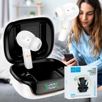 Беспроводные вакуумные bluetooth TWS наушники HOCO EW18 True кейс с экраном Белые 11k01p108 фото