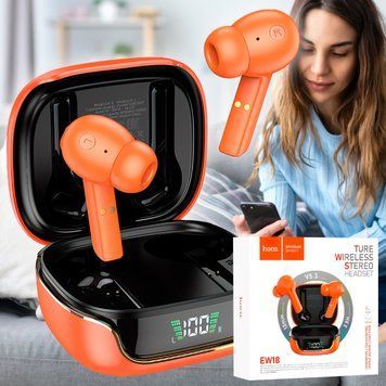 Беспроводные вакуумные bluetooth TWS наушники HOCO EW18 True кейс с экраном Оранжевые 11k01p108v2 фото
