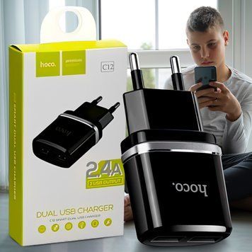 Сетевое зарядное устройство блок питания адаптер HOCO C12 2USB Smart 2.4A Черный (206) 11k06p394v1 фото