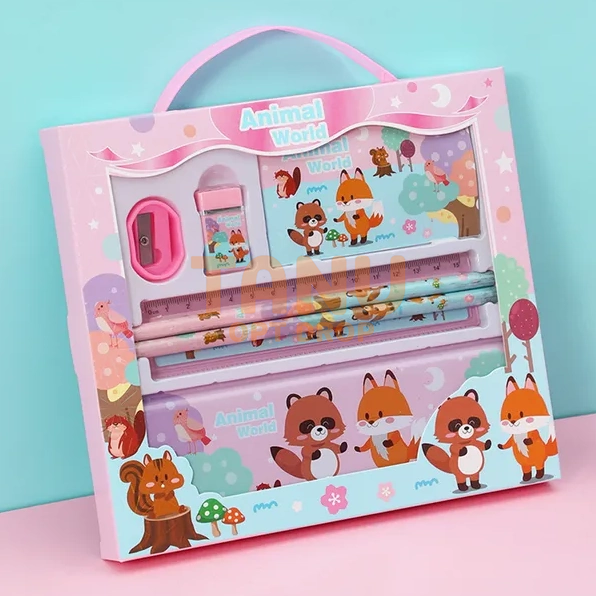 Детский канцелярский школьный набор с футляром Stationery Set Animal World 6 в 1 8002 Розовый (SD) 03k05p264 фото