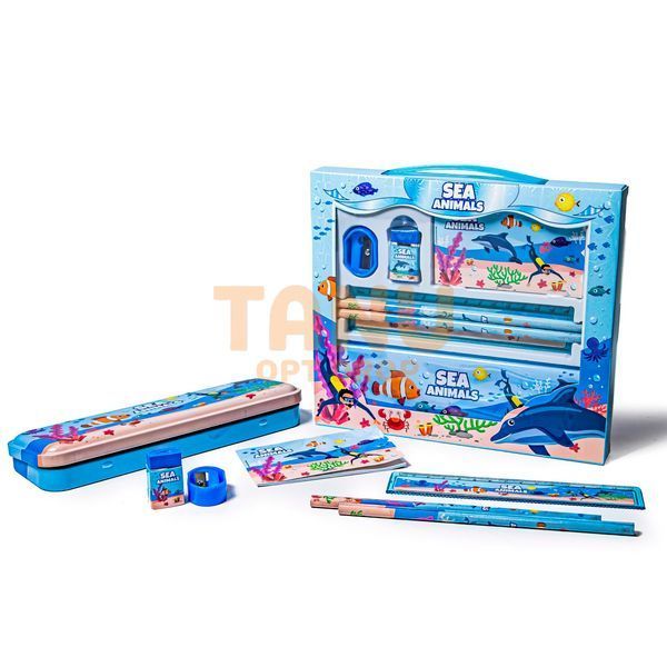 Детский канцелярский школьный набор с футляром Stationery Set Animal World 6 в 1 8002 Синий (SD) 03k05p264v1 фото