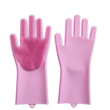 Силиконовые перчатки для мытья и чистки Magic Silicone Gloves с ворсом Розовые 01k02p057v7 фото