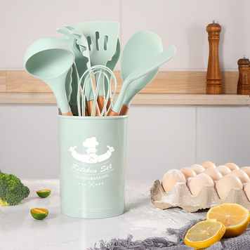 Набір кухонного приладдя із силікону та дерева з підставкою Kitchen Set 12 предметів Бірюзовий (HA-50) 10k03p007v6 фото
