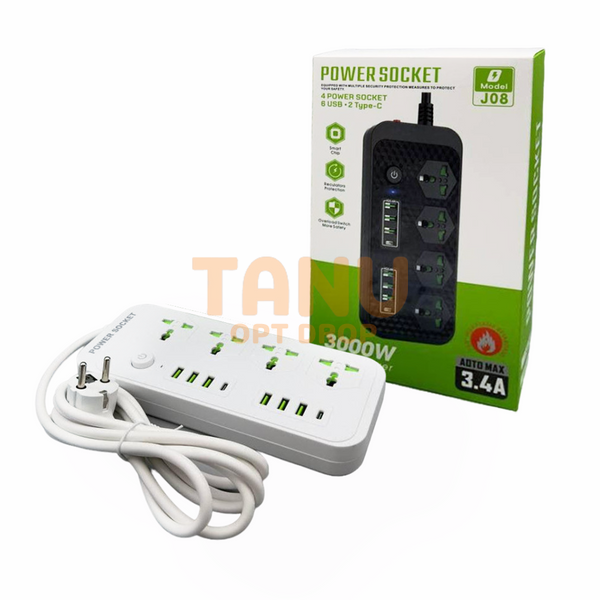 Мережевий фільтр високої потужності J08 3000W, 4 розетки, 6 USB, 2 Type-C, 2 м, Білий (206) 11k06p376 фото