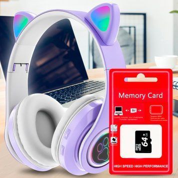Бездротові дитячі TWS bluetooth навушники з котячими вушками Cat VIV-23M Фіолетові + SD карта пам'яті 64 gb 11k01p112v1 фото