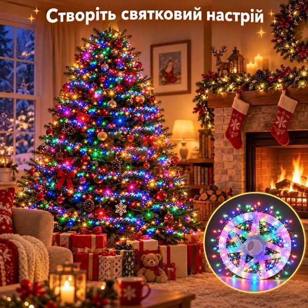 Светодиодная гирлянда МИШУРА Роса 50 м на катушке, 1000 LED, 8 режимов, 220 В, зеленая проволока цветной свет (ARSH/LU543) 12k01p223v2 фото