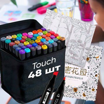 Набір двосторонніх скетч маркерів фломастерів для малювання Touch 48 штуки в сумці-чохлі + антистрес альбом-розмальовка 50 аркушів 03k12p226v3 фото