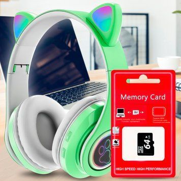 Бездротові дитячі TWS bluetooth навушники з котячими вушками Cat VIV-23M Зелені + SD карта пам'яті 64 gb 11k01p112v2 фото
