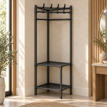 Двоповерхова металева кутова стійка-стелаж з поперечиною для вішалок Coat rack YH6606 Чорний (AMN) 01k04p215v1 фото