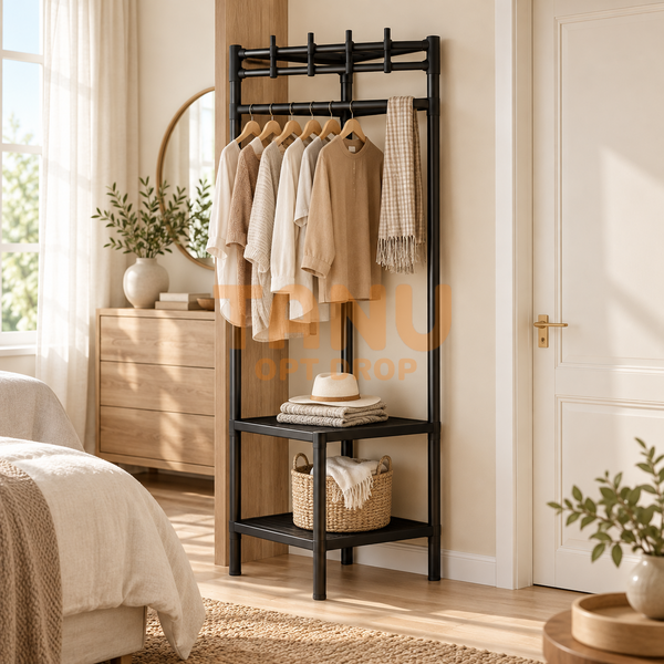 Двоповерхова металева кутова стійка-стелаж з поперечиною для вішалок Coat rack YH6606 Чорний (AMN) 01k04p215v1 фото