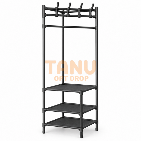 Двоповерхова металева кутова стійка-стелаж з поперечиною для вішалок Coat rack YH6606 Чорний (AMN) 01k04p215v1 фото