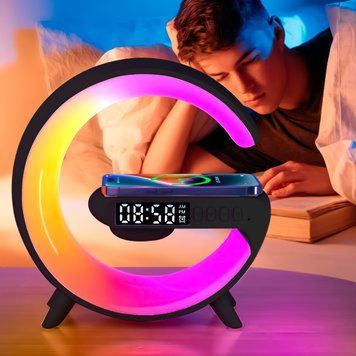 Настольная смарт лампа ночник G-Smart Light Sound Machine с беспроводной зарядкой 15W и Bluetooth колонкой 3W Черная 01k09p267 фото