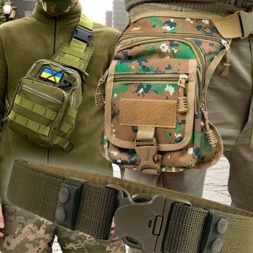 Чоловічий комплект 3в1 могофункціональна містка сумка-слінг через плече + сумка на стегно + ремінь Хакі 08k01p038v2 фото