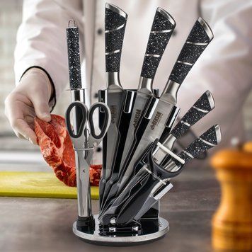 Комлпект ножів з нержавіючої сталі (ножі+ножиці+мусат+овочечистка) на підставці 8 предметів Benson BN-405 (BN) 10k09p509 фото