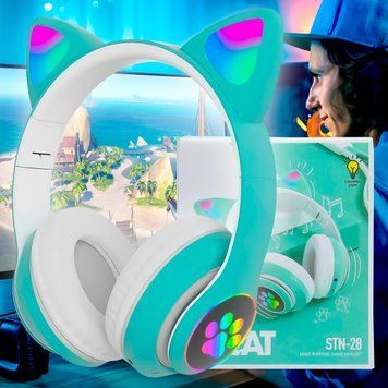 Бездротові портативні bluetooth TWS навушники з котячими вушками Cat STN-28 Бірюзові 11k01p114v3 фото
