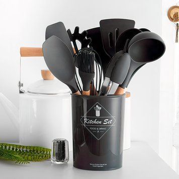 Набір кухонного приладдя із силікону та дерева з підставкою Kitchen Set 12 предметів Чорний (HA-50) 10k03p007v1 фото