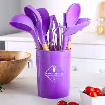 Набір кухонного приладдя із силікону та дерева з підставкою Kitchen Set 12 предметів Фіолетовий (HA-50) 10k03p007v4 фото