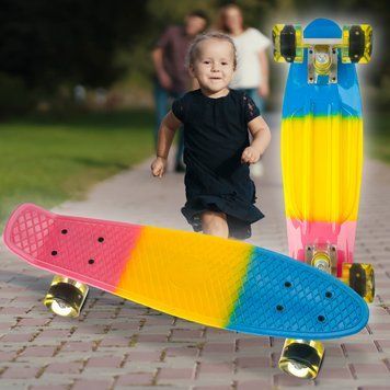 Детский скейтборд Пенни Борд (Penny Board) со светящимися колесами до 80 кг Розово-Желто-Голубой 13k03p002v4 фото