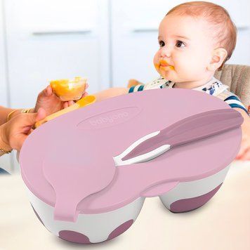 Детская двухкамерная мисочка для кормления с крышкой и ложкой Babyono Розовая (1067/02) (SB) 03k17p452v1 фото