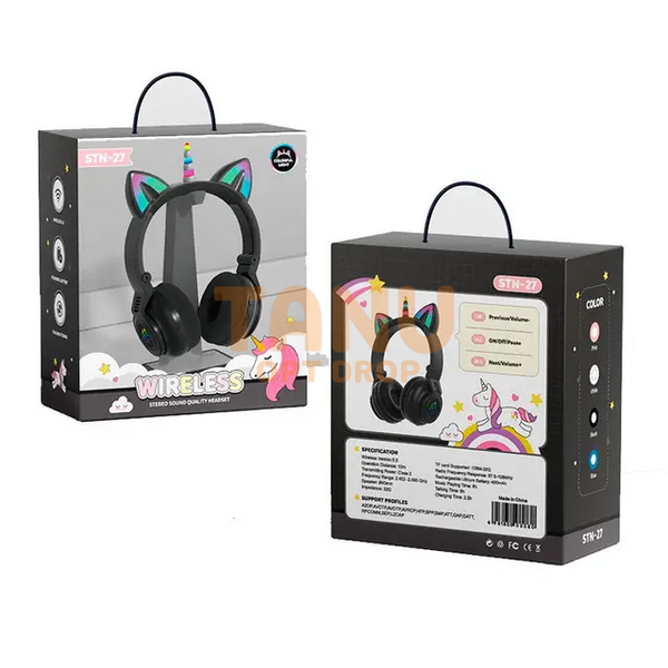 Беспроводные Bluetooth-наушники Cat Ear STN-27, со светящимися кошачьими ушками, Единорог, черные 11k01p008 фото