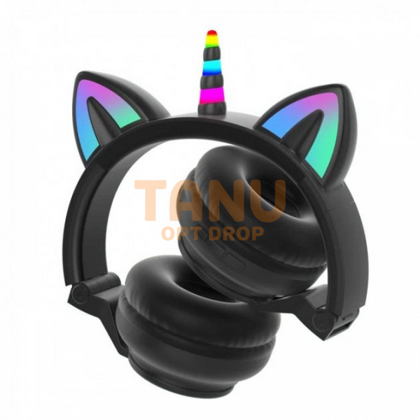 Беспроводные Bluetooth-наушники Cat Ear STN-27, со светящимися кошачьими ушками, Единорог, черные 11k01p008 фото