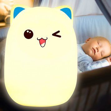 Силиконовый мягкий беспроводной светодиодный детский ночник для сна "Котик" Голубые ушки EL-543-15 (237) 01k09p206v1 фото