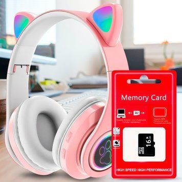 Беспроводные детские TWS bluetooth наушники с кошачьими ушками Cat VIV-23M Розовые + SD карта памяти 16 gb 11k01p110 фото